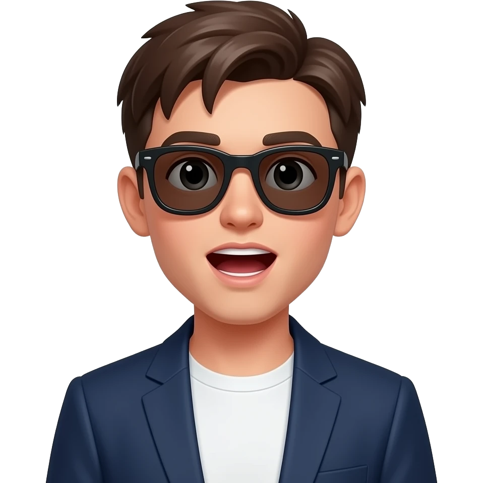 cute young man with sunglasses in white tshirt and navy blazer, his mouth is opened, eyes small, face round, short neck emoji