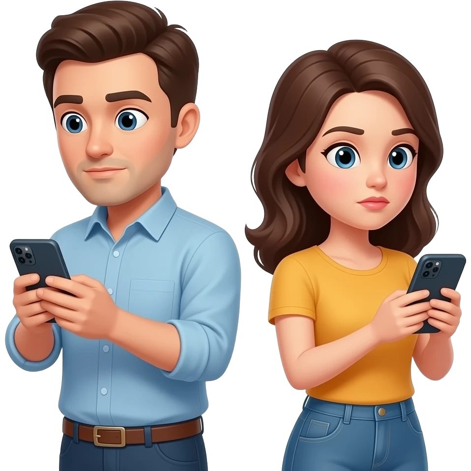 Husband and wife looking at their phones while ignoring each other emoji