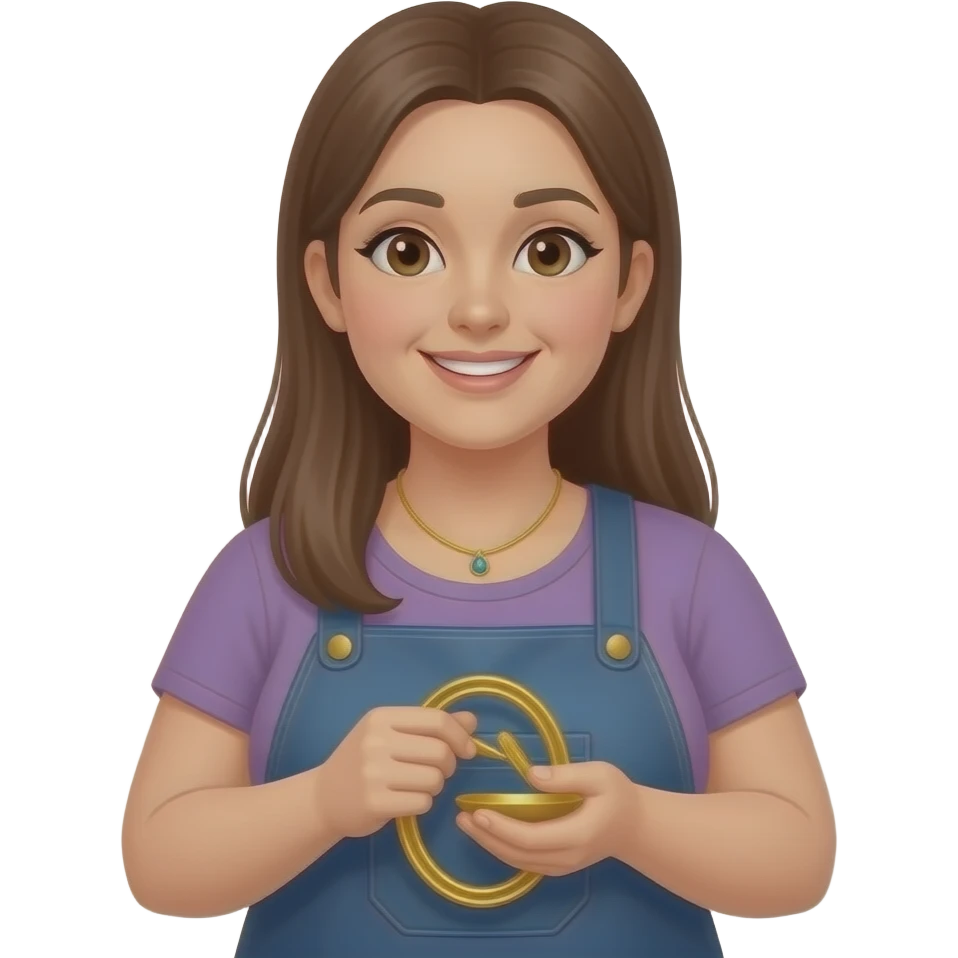 A woman in her 20s with long, straight brown hair; she is slightly overweight, has a cheerful disposition, and is a jewelry maker who works with gold and silver emoji