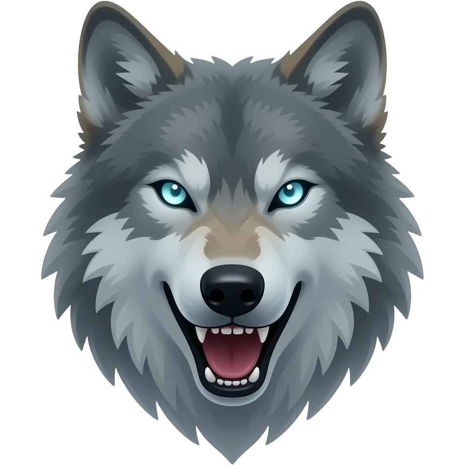 angry wolf head emoji facing front, mouth open, only partially visible with subtle shadow silhouette, transparent ghost-like body, glowing eyes floating in darkness, soft smoky outline ,semi-transparent fur distortion effect” emoji