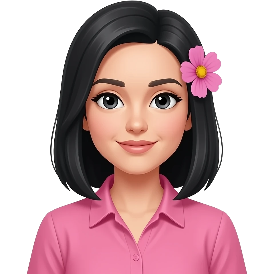 Mulher, cabelo médio abaixo do ombro preto e liso.Blusa rosa e uma flor na lateral direita, emoji