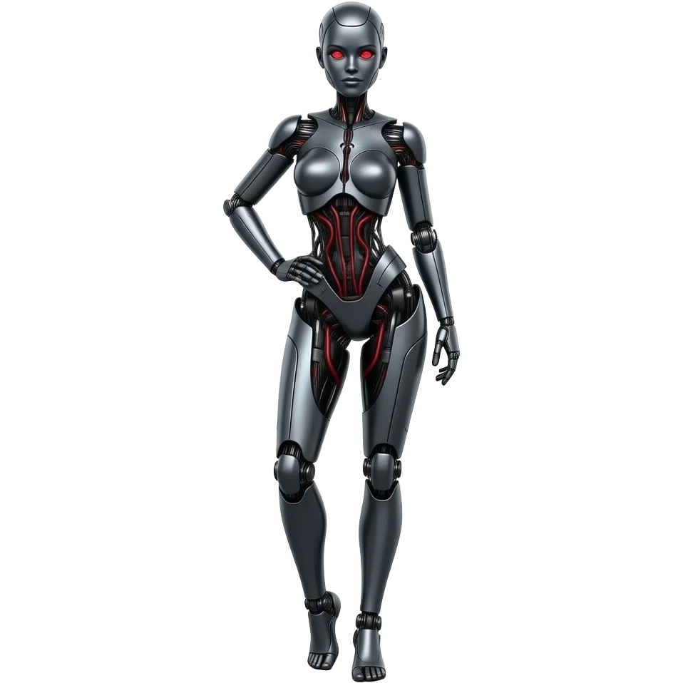 A mechanical woman made of dark gray steel with black and red markings,no human features, only robot features, entire body, sexy pose, robot face (fullbody) emoji