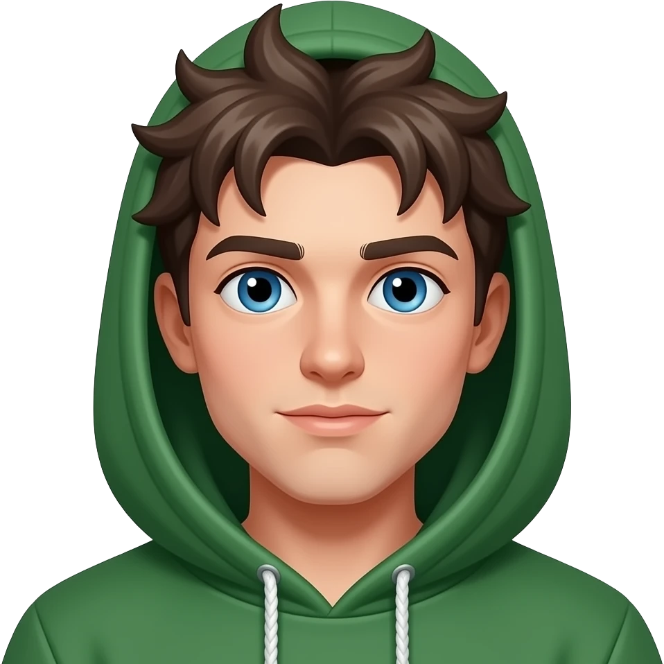 yound gay, green hoodie, blue eyes hoodie on head, unkempt hair, emoji