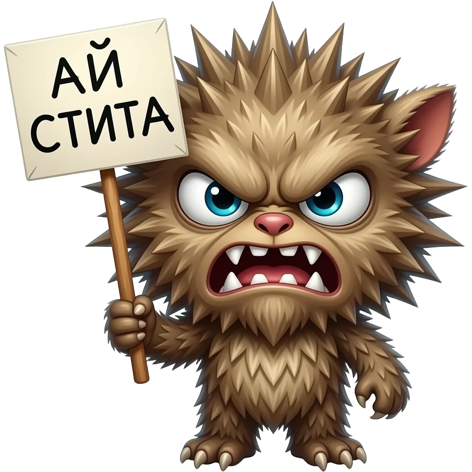 cute twitch emote, tiny chaotic creature holding a sign that says “АЙ СТИГА”, dramatic angry expression, meme energy, thick black outline, transparent background, BTTV style, ultra readable at small size emoji