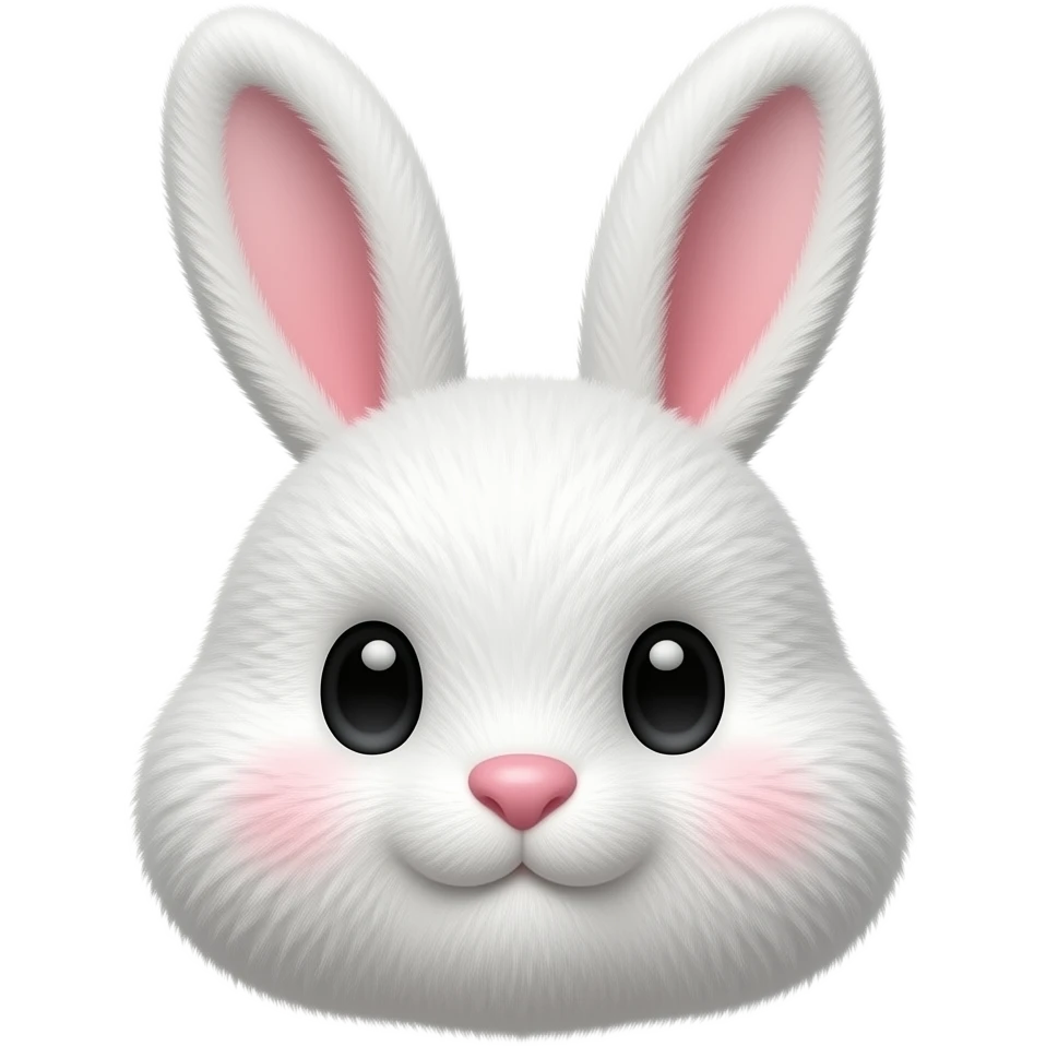 iOS-like 3D rabbit emoji icon, cute round face, long upright ears, soft white fur, small pink nose, big black eyes, chubby cheeks, soft glossy texture, clean white background, centered composition, minimal cute icon style. emoji