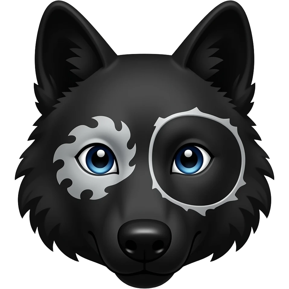 black wolf with blue eyes and greyish white markings over the left eye around the eye emoji