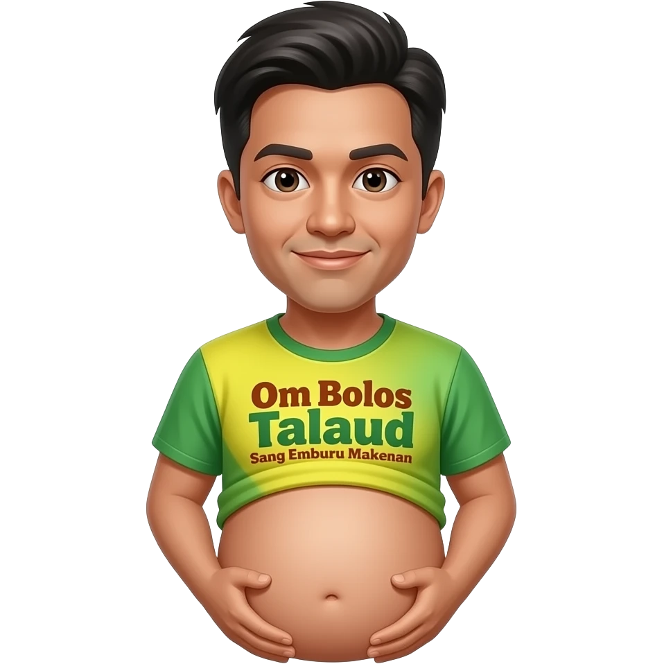 Buat potongan wajah dan rambutnya seperti itu tapi menghadap kedepan dengan posisi perut buncit dan bajunya diganti dengan warna cerah bertulisakan Om Bolos Talaud Sang Pemburu Makanan emoji
