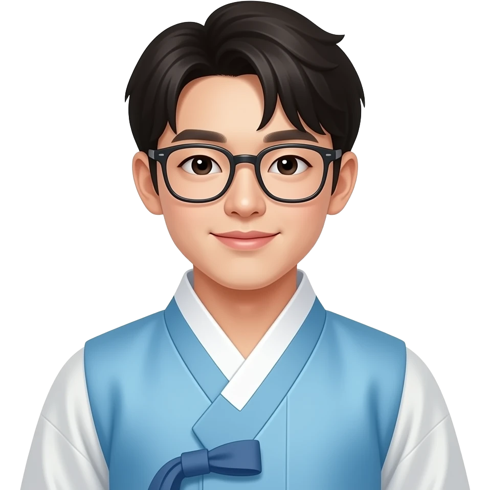 한국의 안경쓴 젊은 '한국갓'을 쓰고 하늘색 한복을 입은 선비 emoji