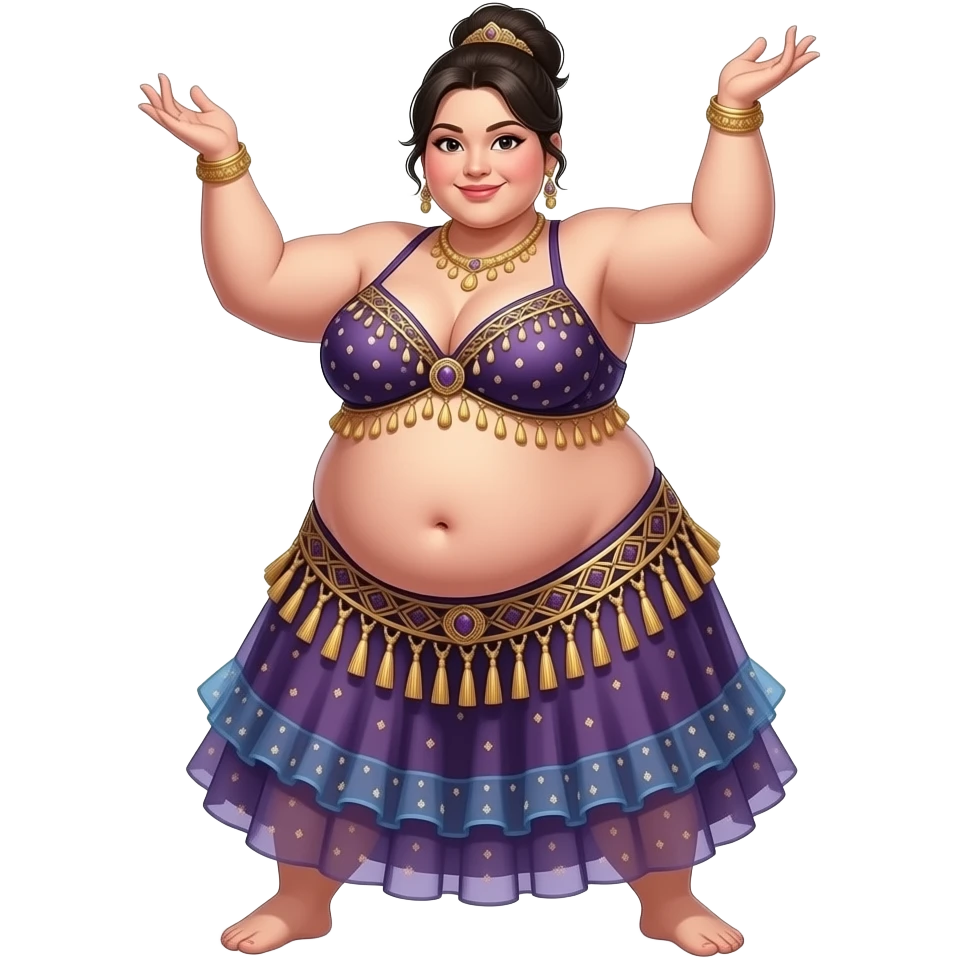 A sumo girl belly dancer,with an morbid obese love handles & muffin top midriff,her bellybutton bulging from being stuffed to the max after a luncheon buffet,She dances then her bouncy belly wobbles a lot. emoji