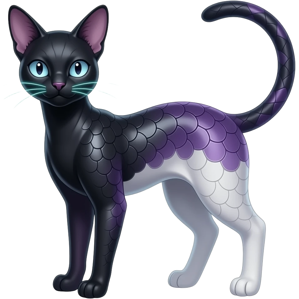 Realistic slim smooth oily shiny glossy elegant Abyssinian bioluminescent dull, scaly furry oil-blackish oily greyish, purplish, whitish abyss-fantasy-Zorua-Sprigatito-Absol-feline-Fakémon-fusion, with thin neon-glowing bulb-whiskers, full body emoji