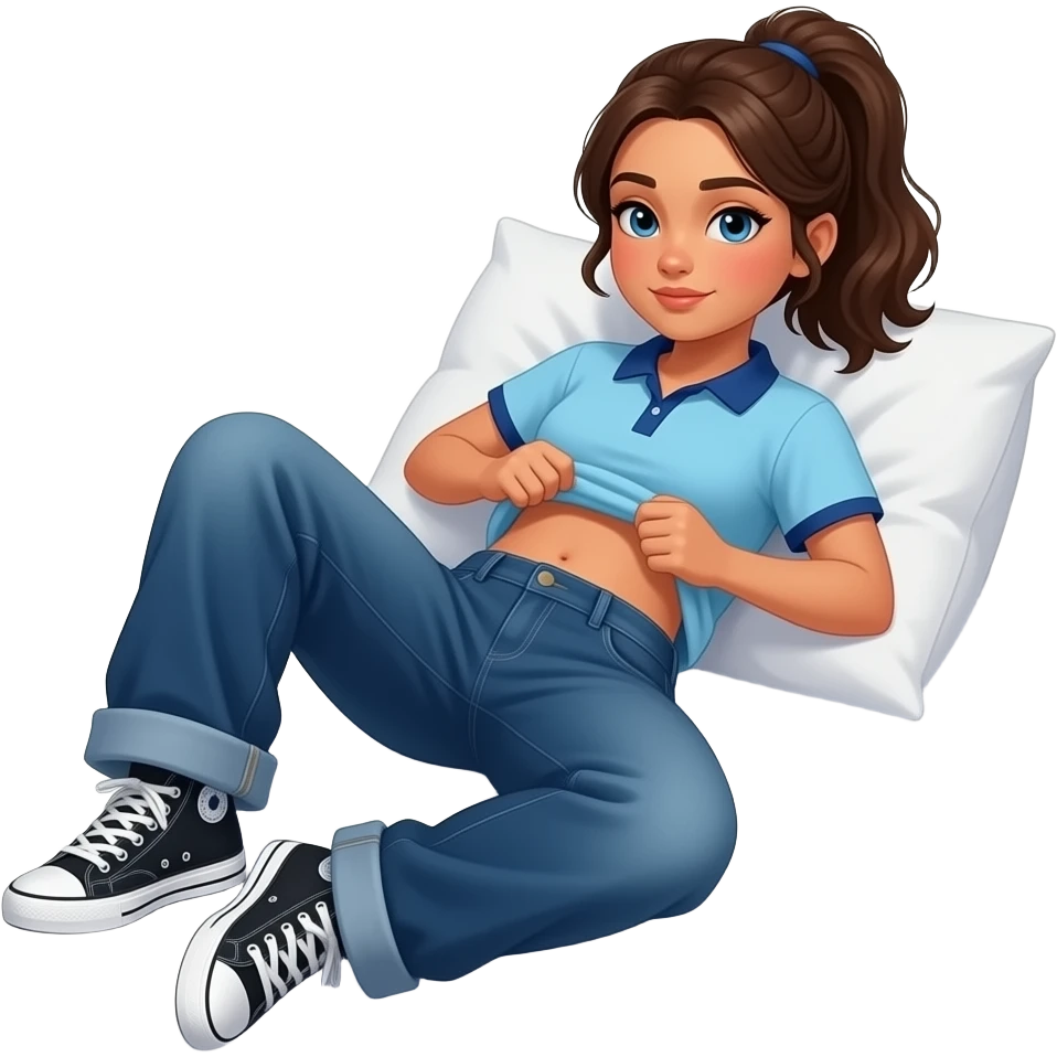 Hispanic girl with brown ponytail and blue eyes light blue and dark blue polo and dark blue baggy jeans and white and black sneakers and belly button laying down on her pillow on her bed lifting her shirt belly rubbing emoji