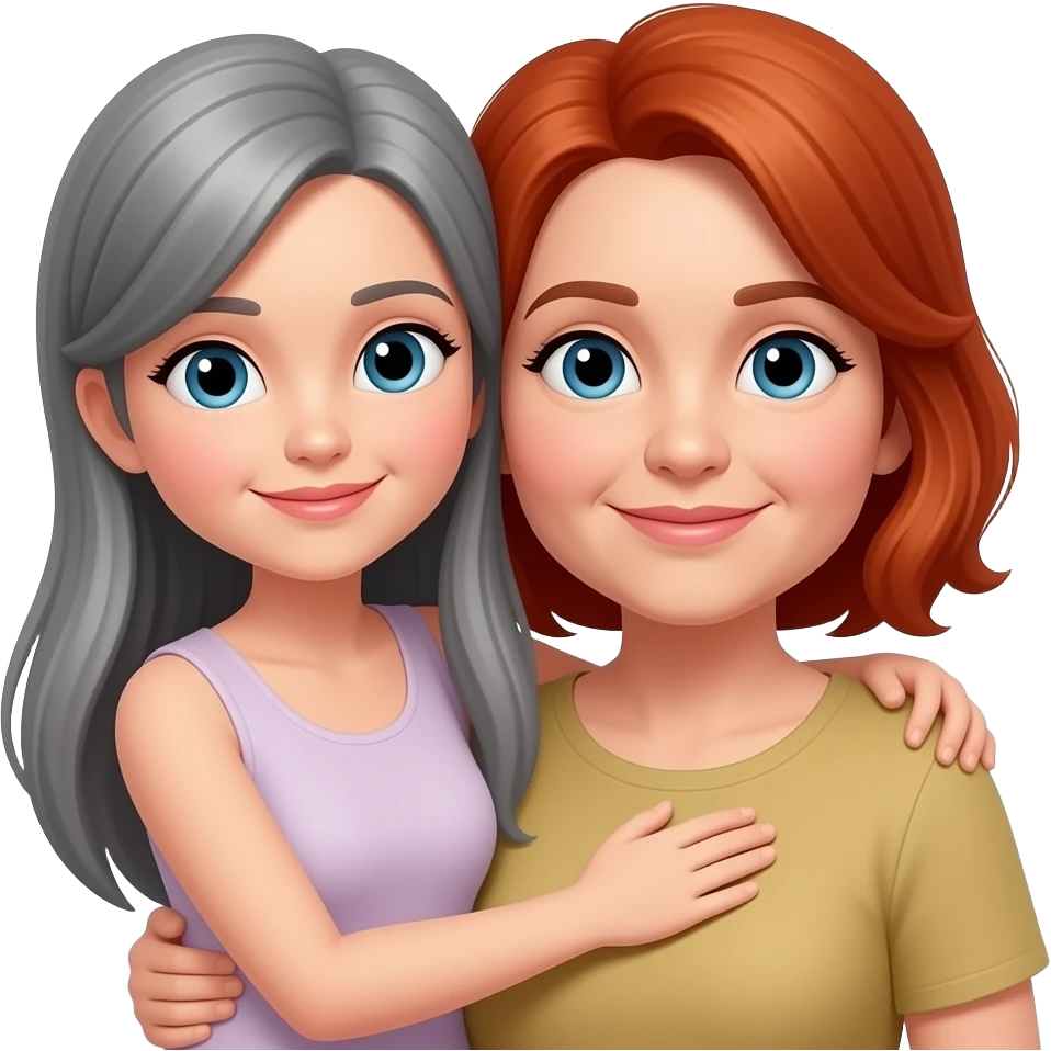 tall grey haired girl with red head mother hugging emoji