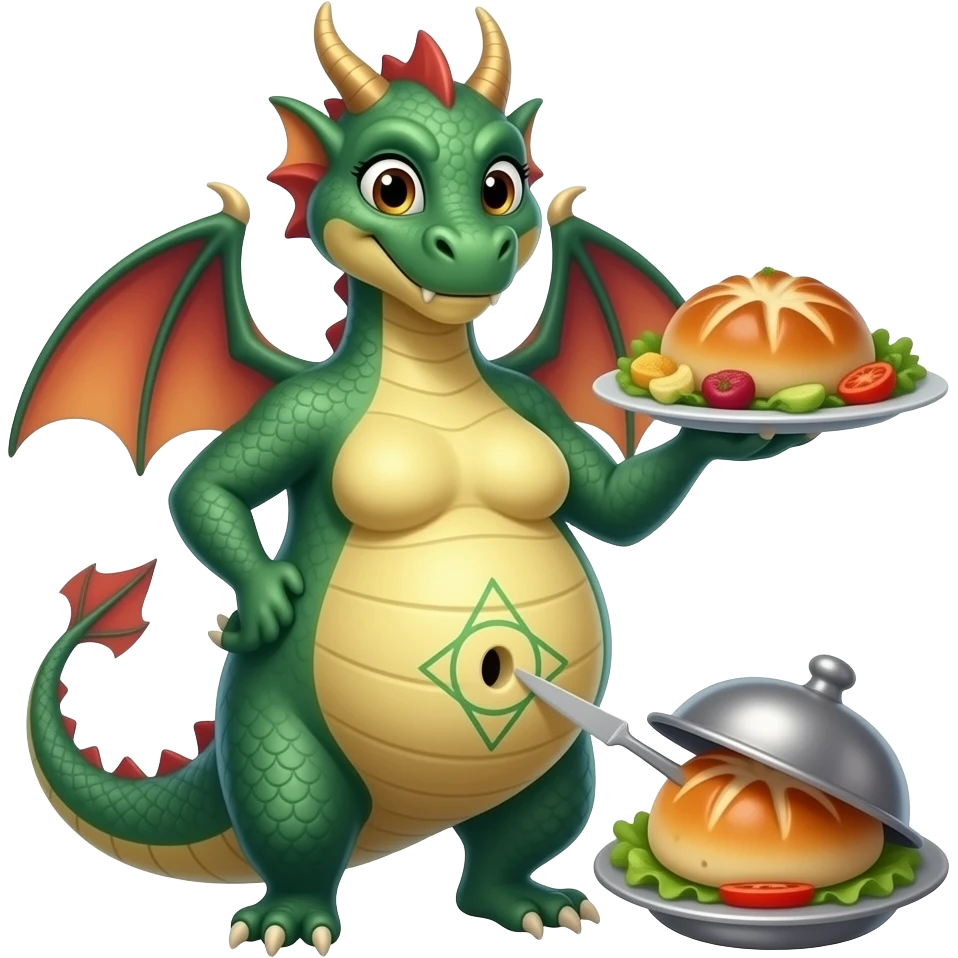 A female eastern dragon,enjoyed a great buffet,now she pretends she has a twin baby bump,she sticks out her big full stomach,she is just perfect pointing cutely at her food baby,it is a guessing game with her bun in the oven,but she knows she is just fat,her bellybutton makes agreement with clues. emoji