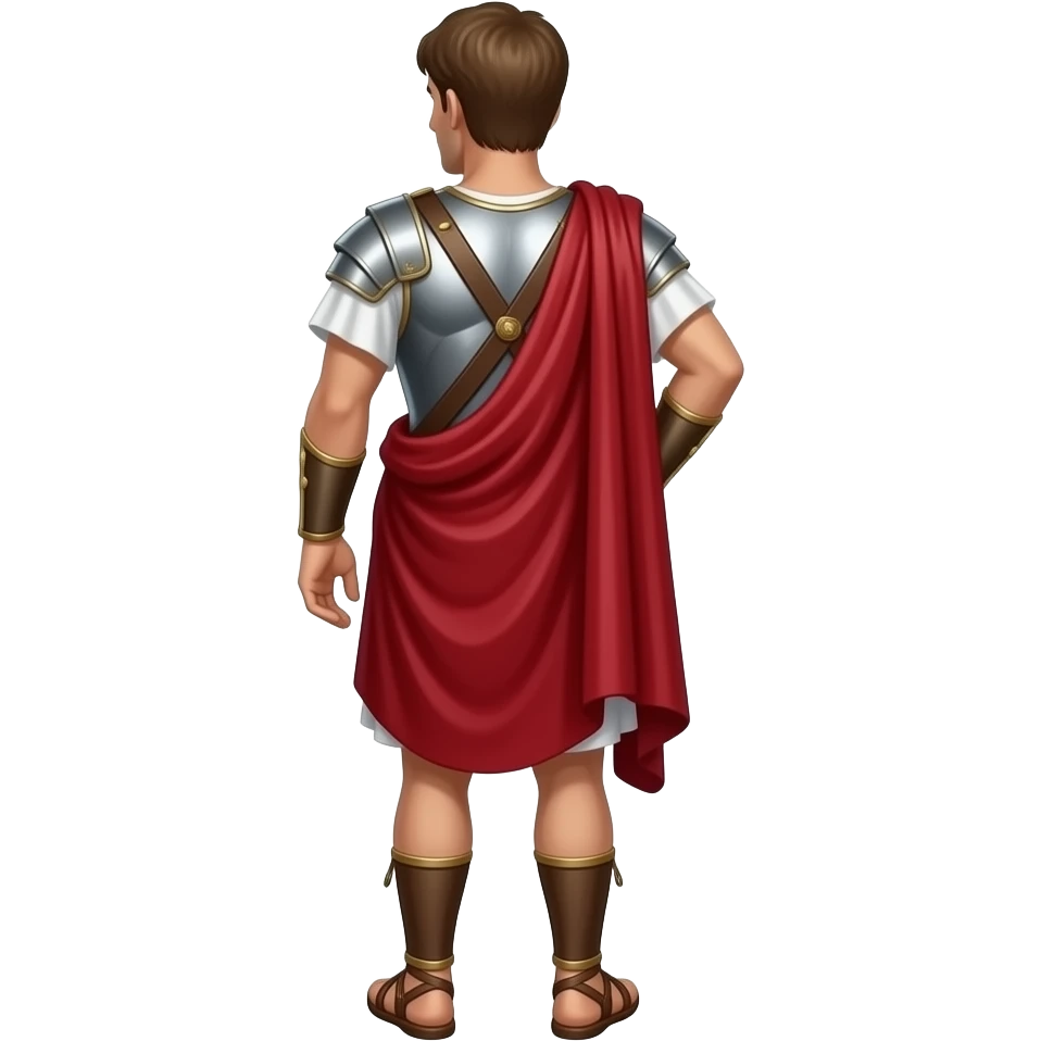 Mark Antony from behind with brown hair, white metallic tunic, red metallic toga skirt emoji