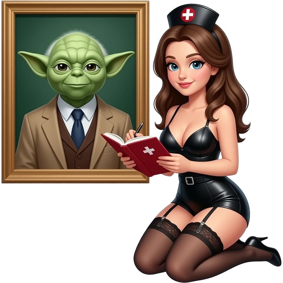 Nurse in black lingerie outfit,studying, with garter belt and large breasts, low cut black leather outfit, kneeling in front of schoolmaster yoda emoji