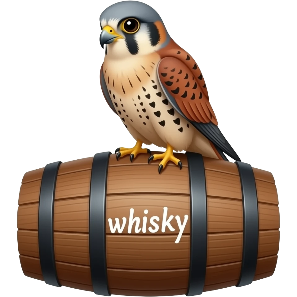 sexy kestrel sitting on top of a vertically standing whisky barrel. the barrel is clearly stenciled "whisky" emoji