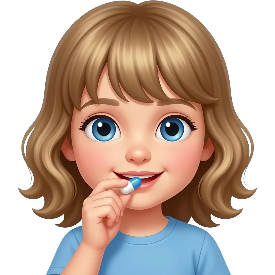white kid blue eyes mid length with bangs soft curly hair to shoulders in color: middle to little darker blond, eating kids daily vitamin chewing emoji