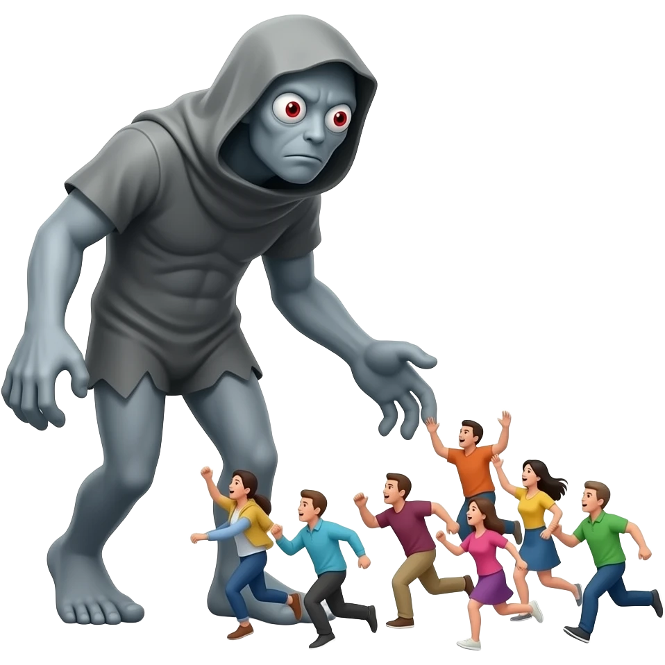 Jakiś niepotwór wygląda jak ludzie ale wysoki niż ludzi niższy niż Slenderman białe całe gałka oczu czerwone powieki i łapie ludzi ludzie uciekają emoji