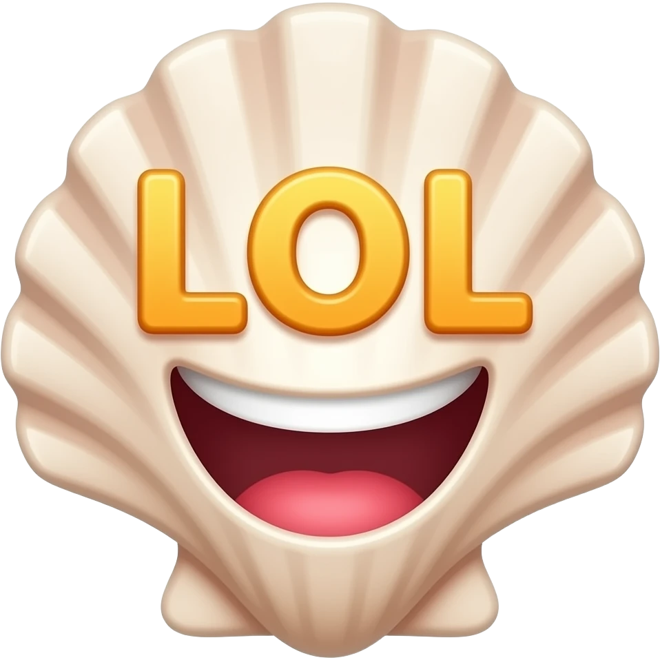 cute laughing seashell emoji with LOL text emoji