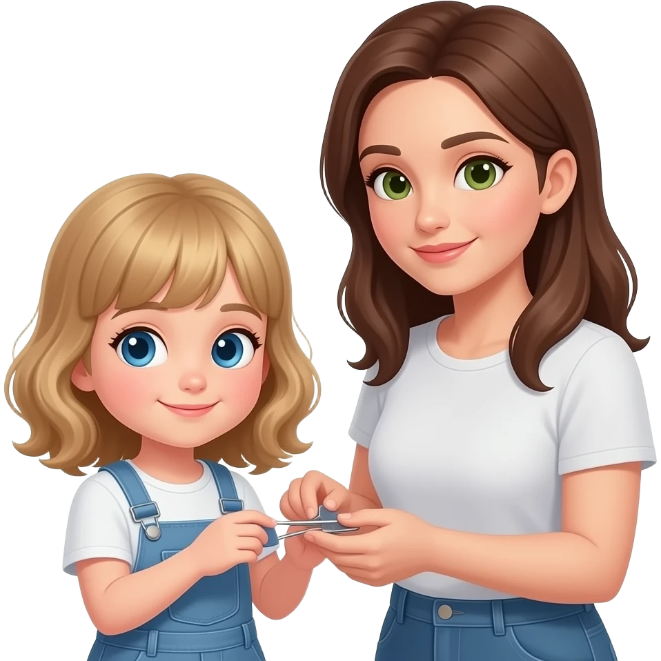 white kid blue eyes mid length hair to shoulders with bangs soft curly hair to shoulders in color: middle to little darker blond. With her mother, a mother white with hazel green eyes and level 7 hair brown hair long to her chest. clipping little girls nails emoji