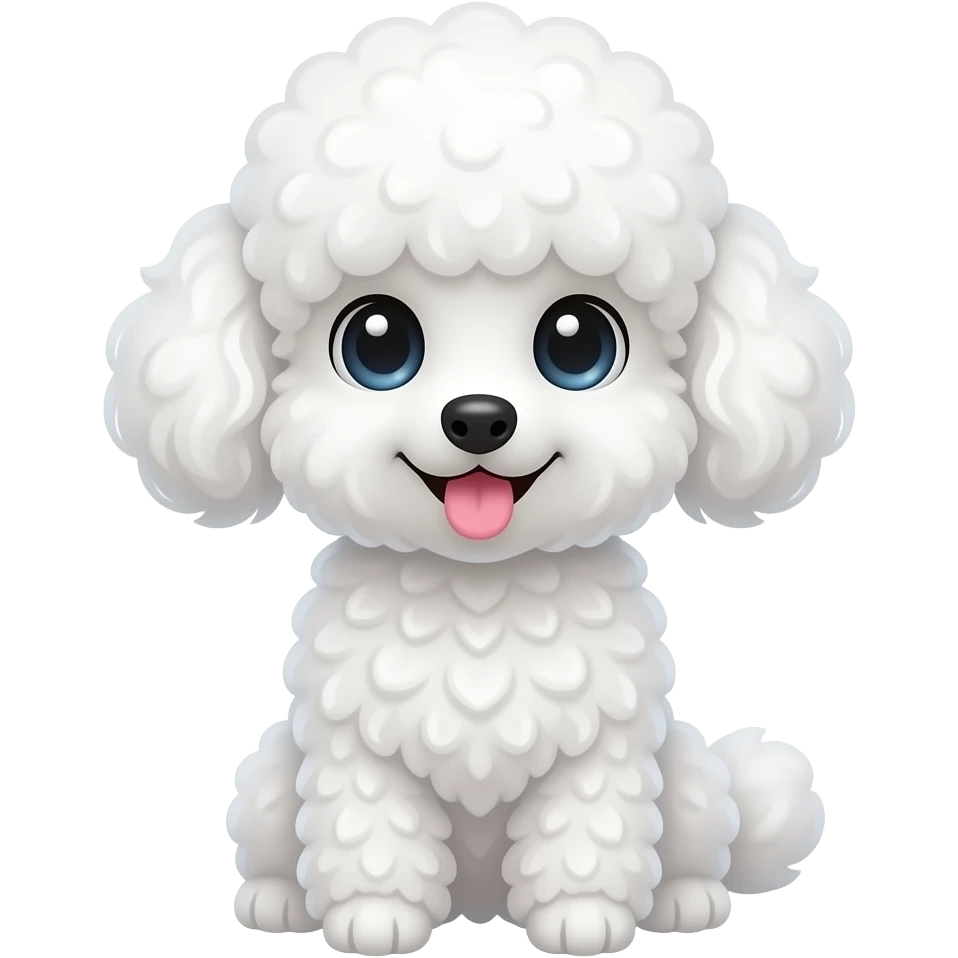 A 🥰 cuteRabbit A cute fluffy white toy poodle sitting on a soft, huge sparkling eyes, curly fluffy fur, tiny pink tongue sticking out, cozy warm lighting, ultra adorable expression, detailed fur texture, soft shadows, kawaii aesthetic, high quality, centered composition emoji