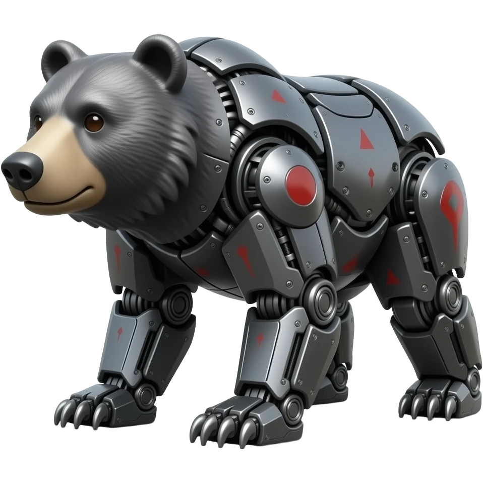 Completely Mechanical grizzly Bear made of dark gray metal with red markings on it. emoji