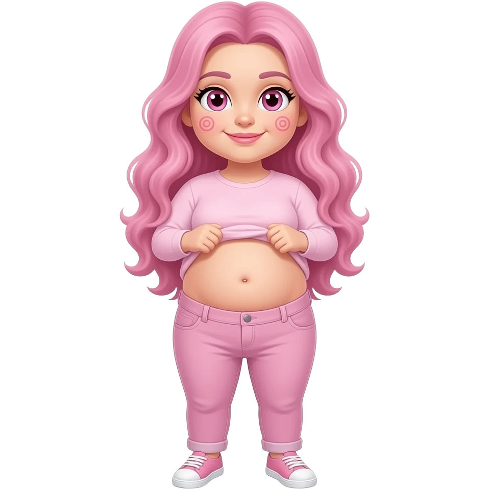 White fat girl pink eyes light pink swirly long hair pink swirl cheeks light pink plain long sleeve shirt light pink jeans light pink shoes lifting her shirt showing fat belly button emoji