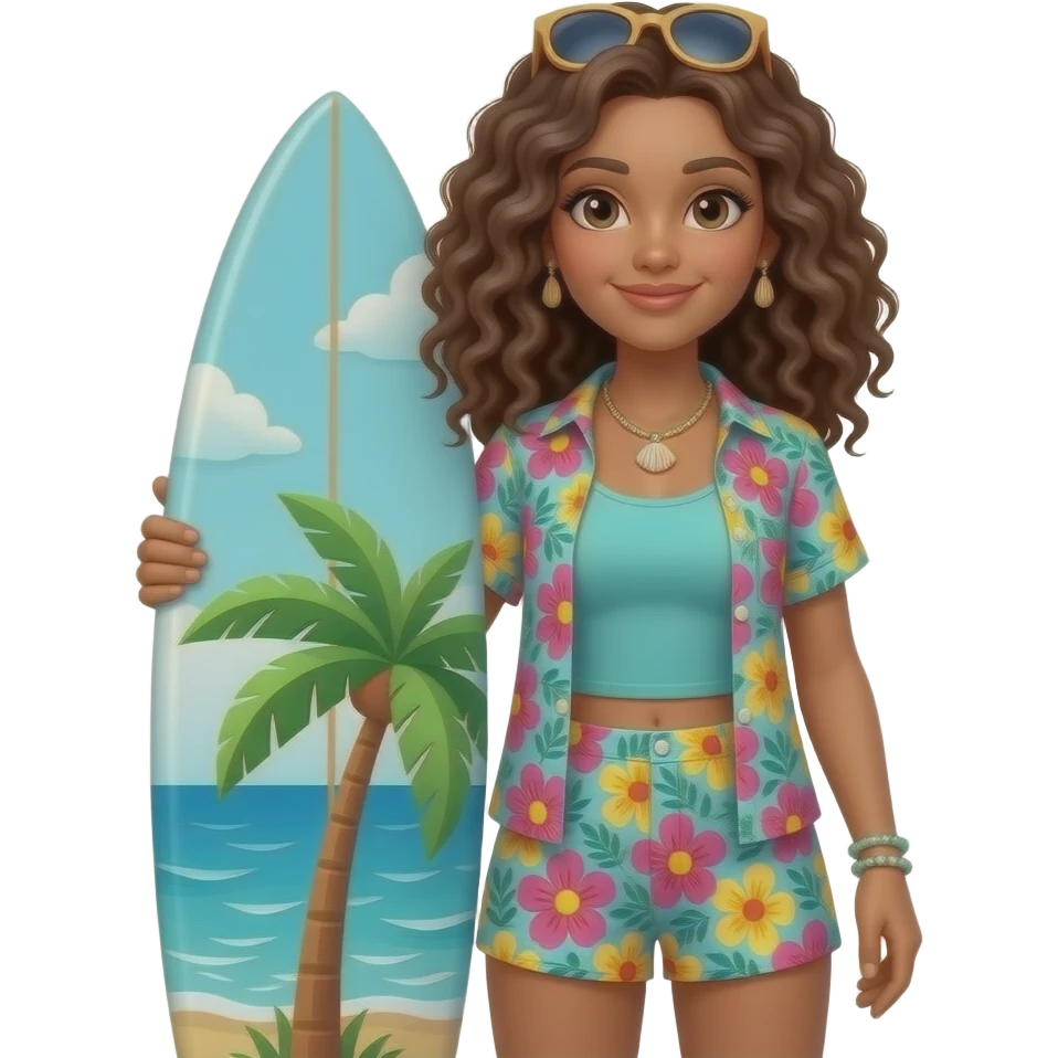 A cute 3D render of a woman with curly brown hair, wearing a teal tank top, a colorful floral print short-sleeved shirt, and matching floral print shorts. She is holding a surfboard with a tropical design. She has sunglasses perched on her head and is wearing a shell necklace and bracelets. emoji