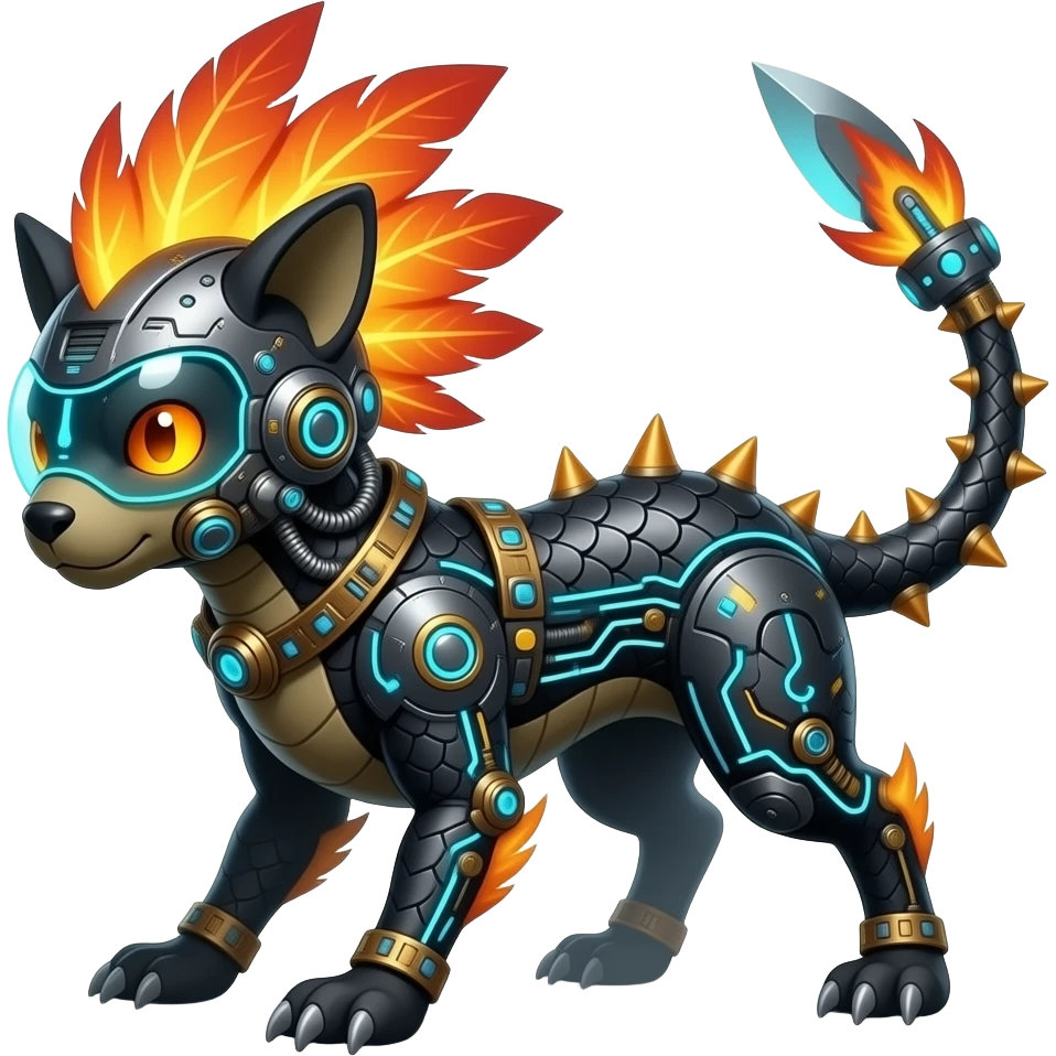 Cool edgy fiery bipedal furry cybernetic electrical visor-helmeted, Circuitry-patterned black-scaled digitigrade futuristic fantasy-Cyberpunk-Steampunk-Solarpunk-Genesect-Cyclizar-Salazzle-Protogen-Fakémon-animal-hybrid, with neon feather-mane, and a tail blade, back spikes emoji