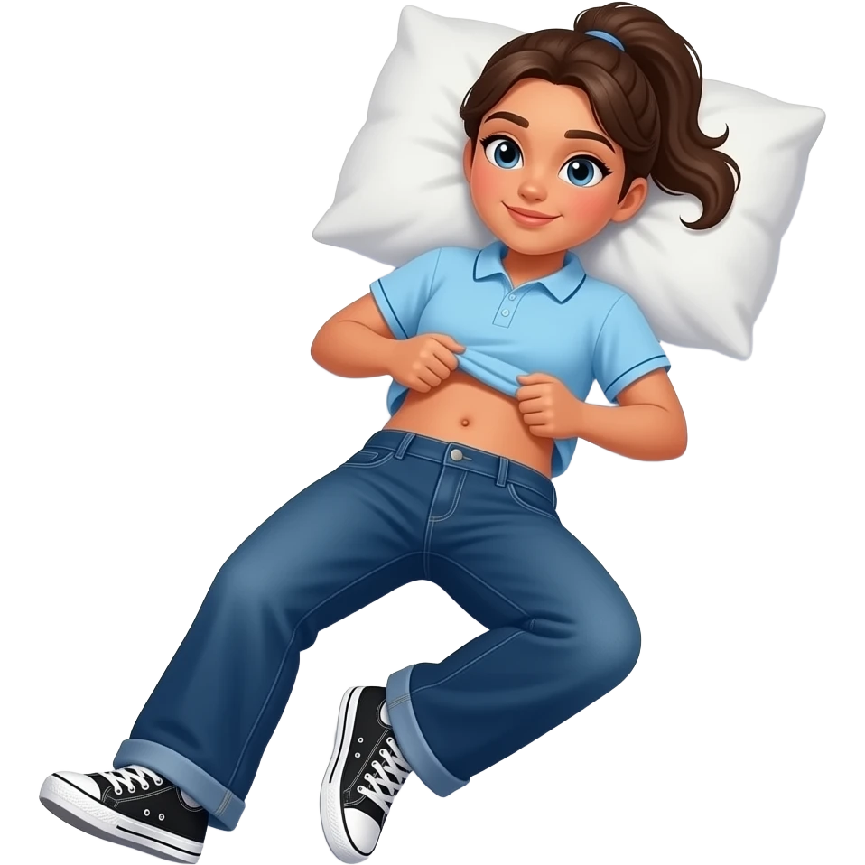 Hispanic girl with brown ponytail and blue eyes light blue dark blue lined polo and dark blue baggy jeans and belly button and black and white sneakers laying down on the pillow in bed lifting her shirt rolling her tummy emoji