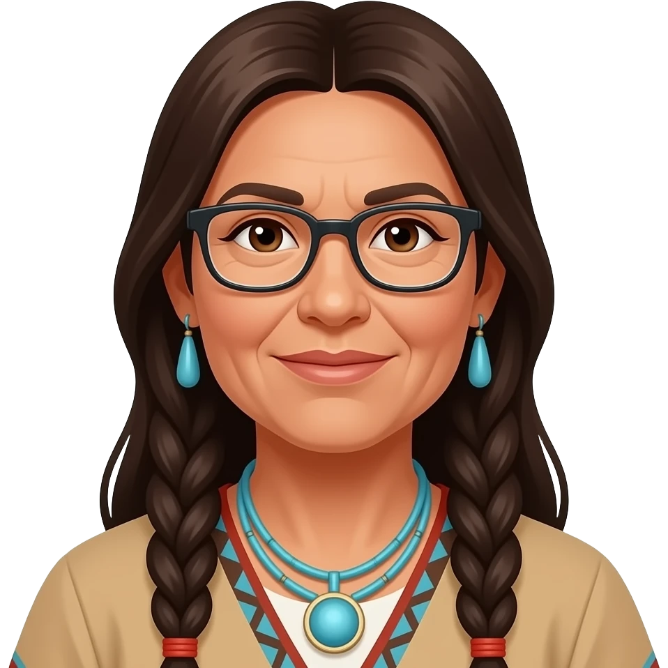mature native american woman, long brown hair, glasses emoji