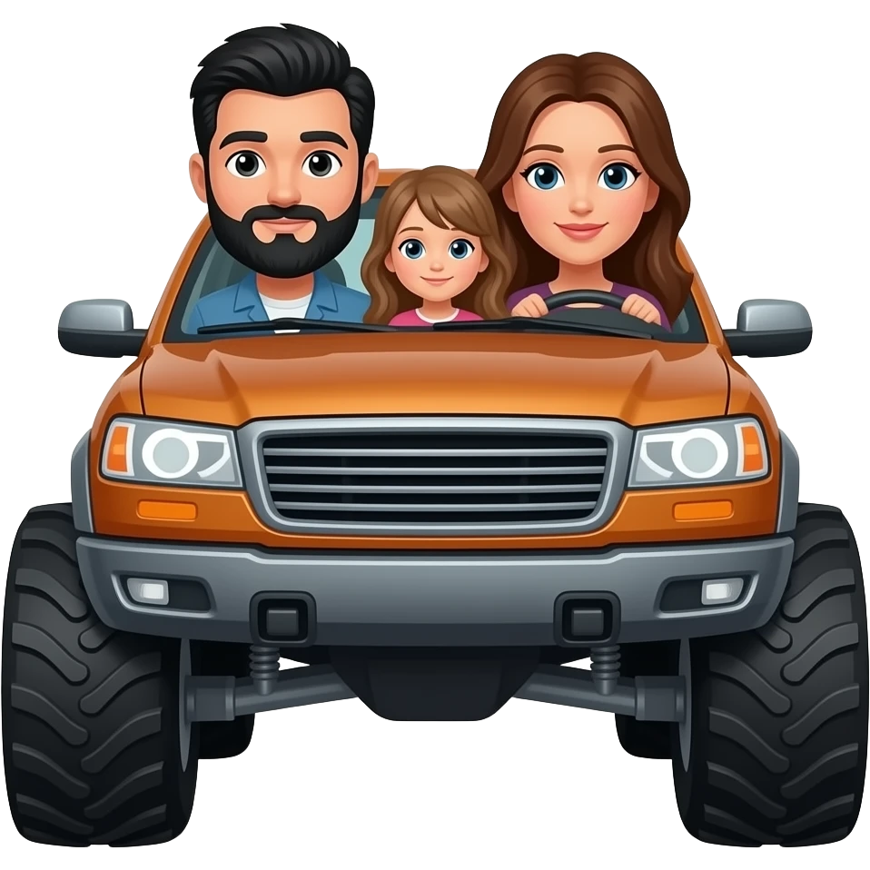 a man with black hair and a black beard with a woman with long brown hair and a little girl with long light brown hair in a monster truck emoji