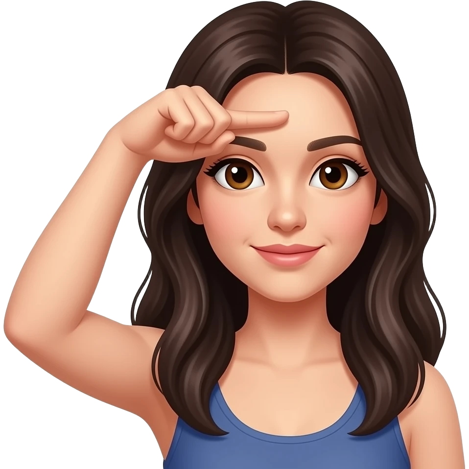 woman with long dark hair and brown eyes making L shape with hand on forehead emoji