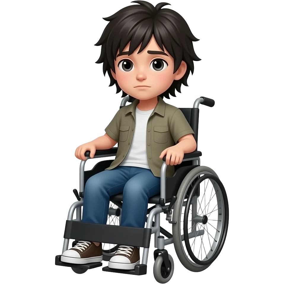 a sick boy with dark very long hair sitting in a wheelchair emoji
