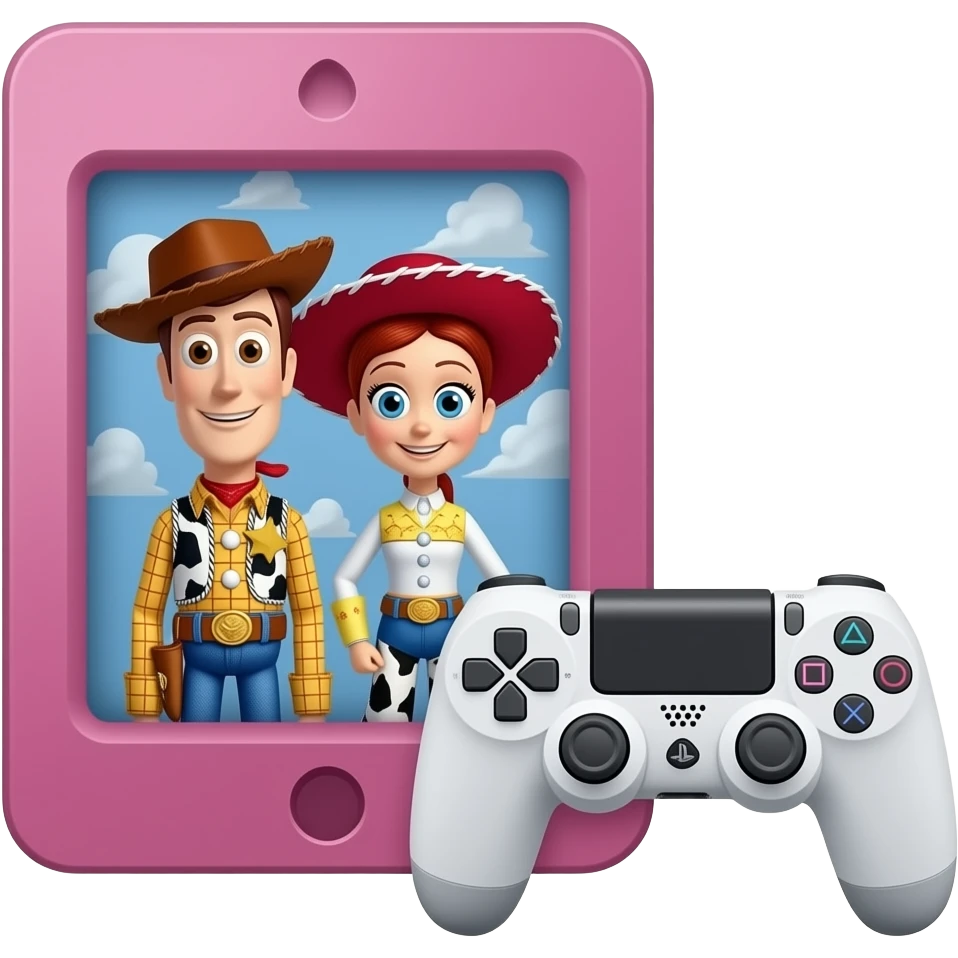 one pink ipad, a white playstation 4 hand control, and a tv with toy story on (woody and jessie) symbolizes screen time emoji