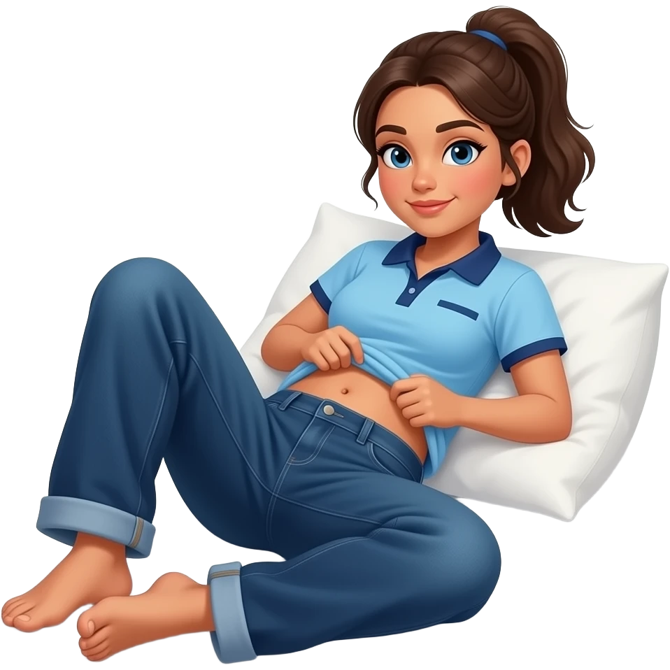 Hispanic girl with brown ponytail and blue eyes light blue and dark blue polo and dark blue baggy jeans and belly button laying down on her pillow on her bed showing her feet lifting her shirt all the way up stomach growing emoji