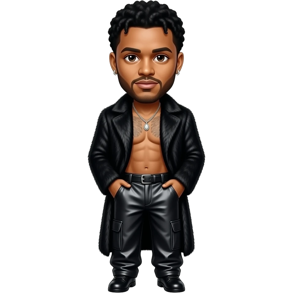 The Weeknd with dark brown eyes, black hair, black fur coat, black metallic baggy pants, shirtless with necklace and earrings emoji
