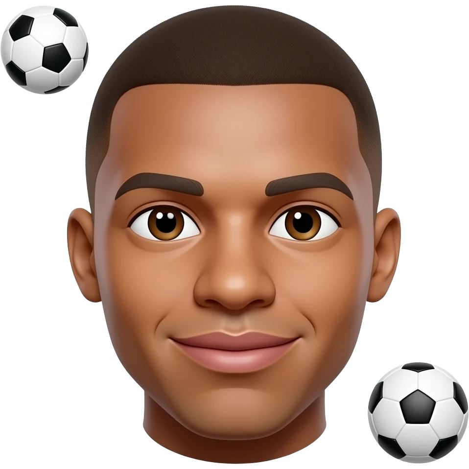 Mbappe-inspired 3D emoji, same face every time, 2 tiny footballs floating in background, face fully visible. emoji
