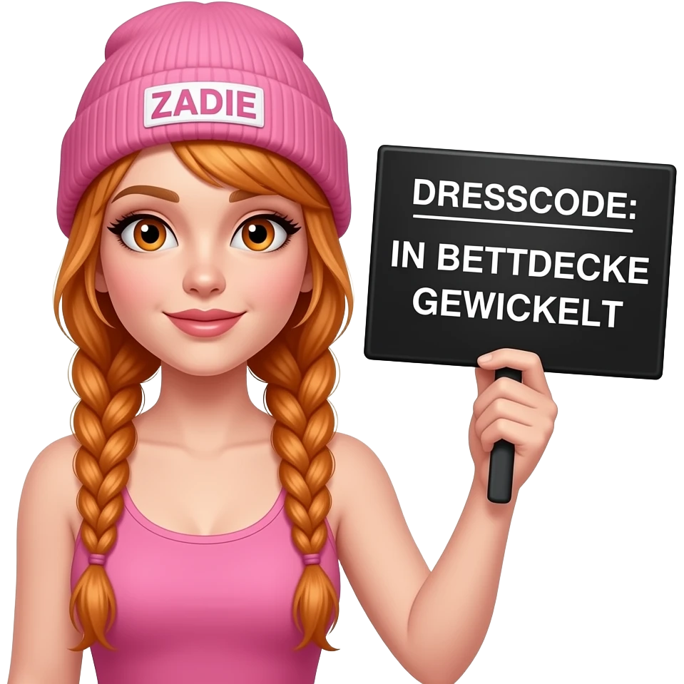 sexy girl with overlong ginger braids and ginger eyes wearing a pink tanktop and a pink beanie with ZADIE written on it, is holding a black sign with DRESSCODE: IN BETTDECKE GEWICKELT written on it emoji
