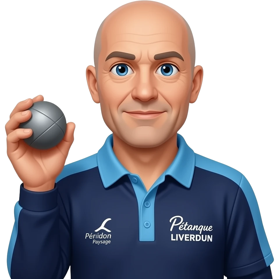 tête homme 60 ans yeux bleus complètement rasé avec boule de pétanque grise à la main sur maillot bleu foncé avec col trois boutons bleu clair et avec épaules seules bleu clair coté bras bleu foncé inscription droit "Pétanque LIVERDUN, côté gauche "Péridon Paysage" emoji