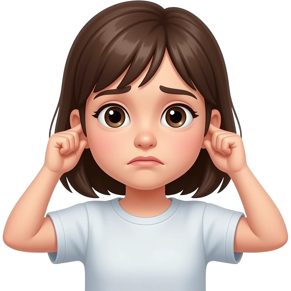 A pale girl with a little sad face wearing a t-shirt holding her ears emoji