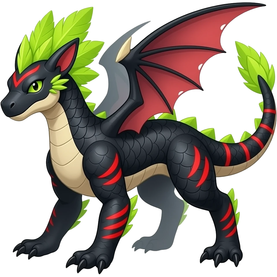 Cool edgy ancient black-scaled with neon-red stripe markings digitigrade bipedal vintage futuristic raptorik fantasy-Cyberpunk-Steampunk-Solarpunk-Genesect-Salamence-Cyclizar-Salazzle-Feraligatr-Fakémon-animal-hybrid, with neon feather-mane, and a tail blade, back spikes, full body emoji