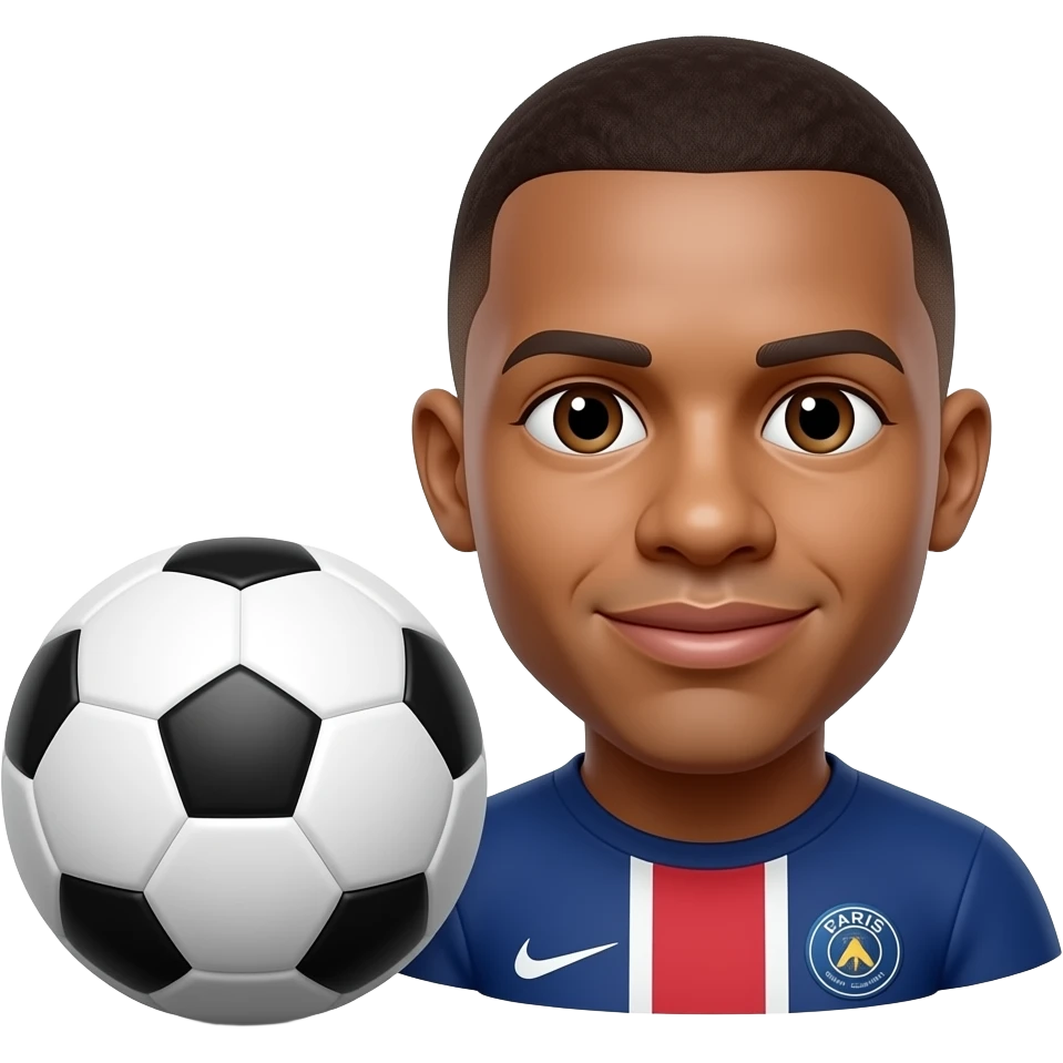 Mbappe-inspired 3D emoji, same face every time, glossy emoji style, 1 large football near left side, face uncovered. emoji