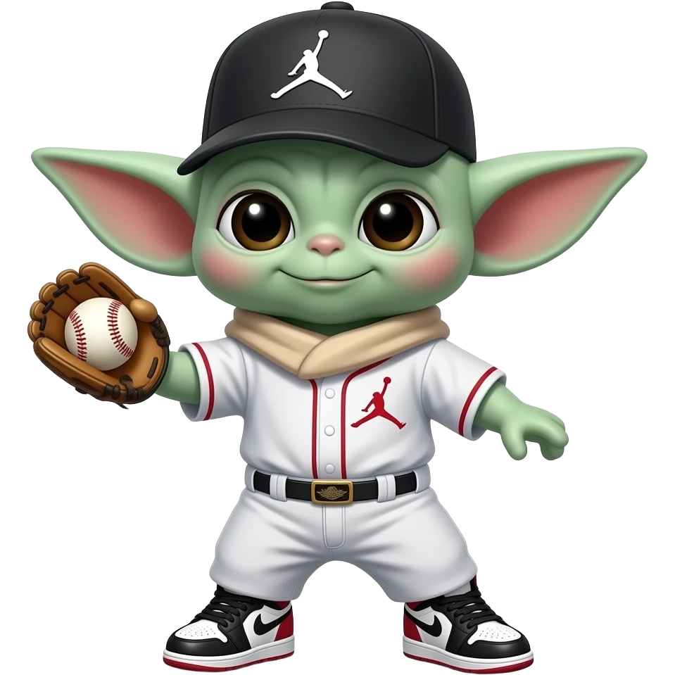 baby yoda with hat without logo and jordan 1 on feet fielding with baseball glove and ball emoji