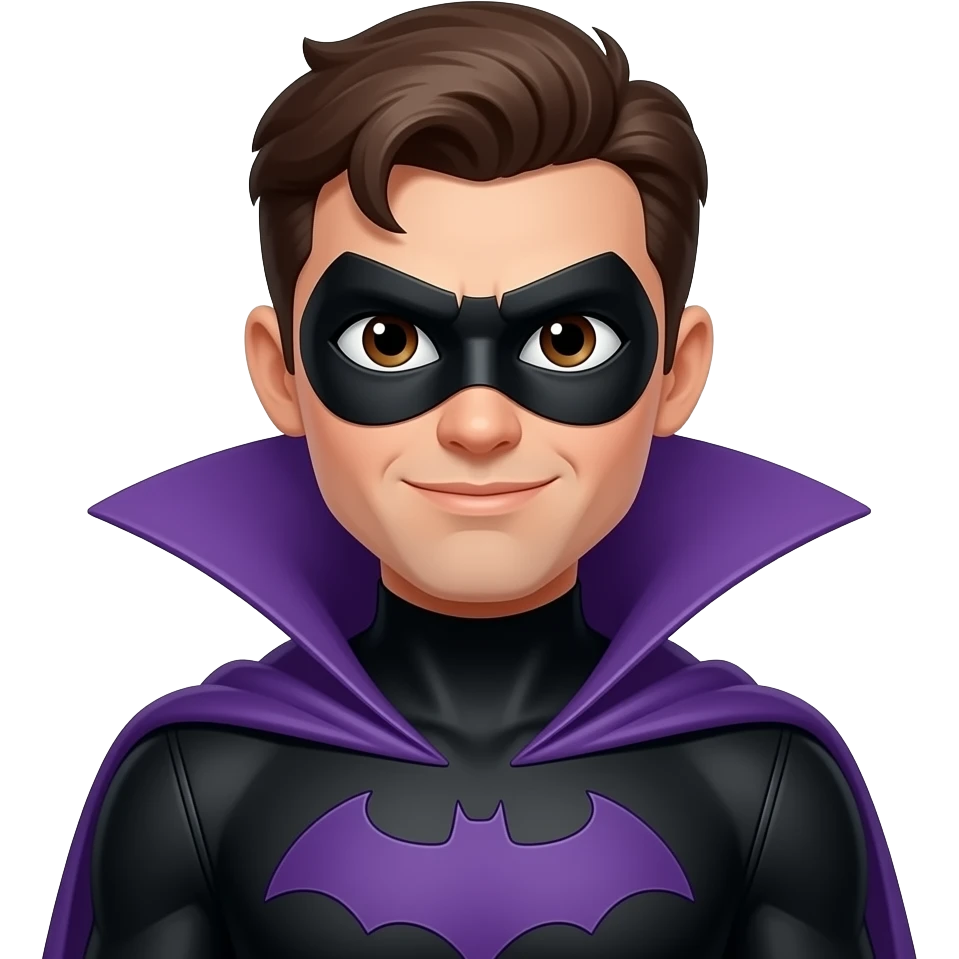 Super hero, hair, black costume, purple cape, brown eyes, black domino mask, male emoji