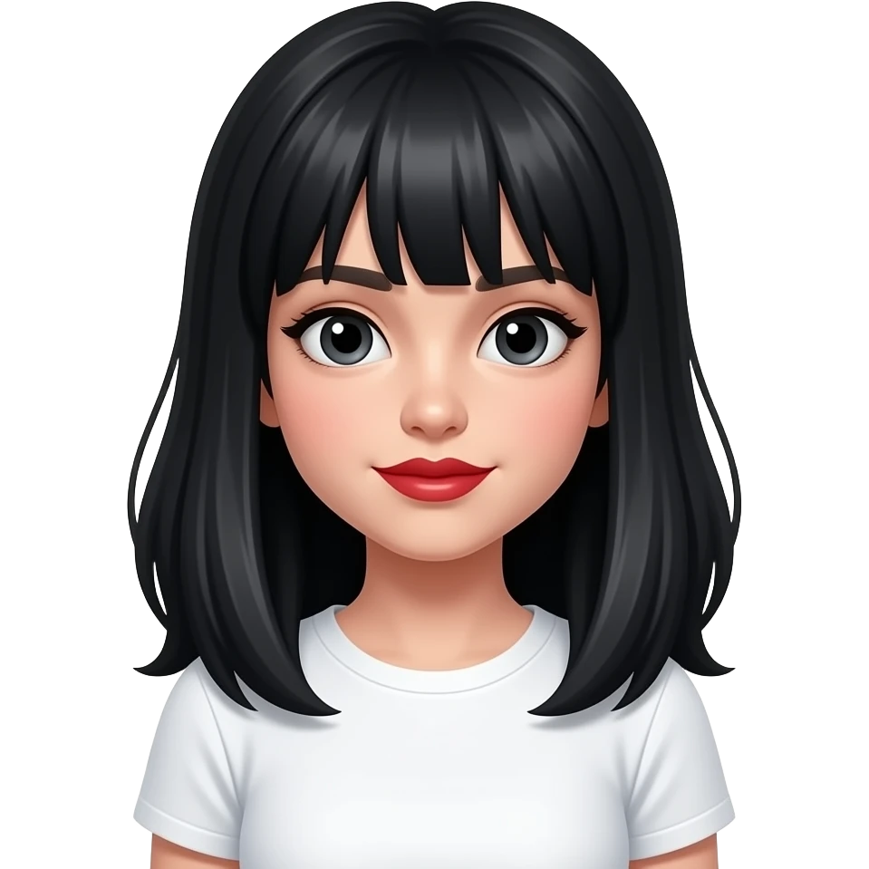دختر سفید پوست با موی مشکی خیلی فرفری و رژ قرمز و تیشرت سفید emoji
