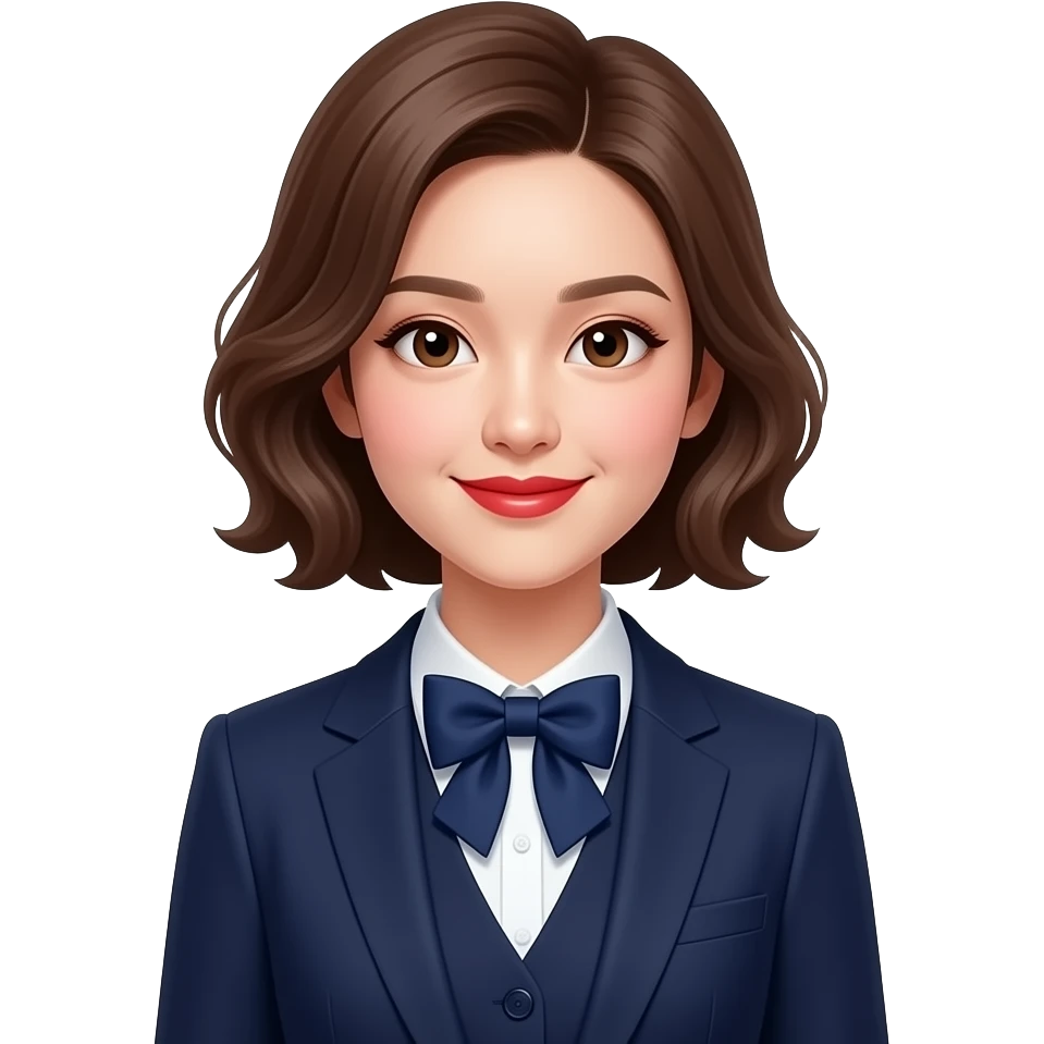 A medium shot captures a young Asian woman with short, wavy brown hair and fair skin. She has a slight smile, her lips painted a vibrant red. She wears a crisp white collared shirt with a dark blue bow tie, layered under a dark blue vest and a matching blazer. emoji