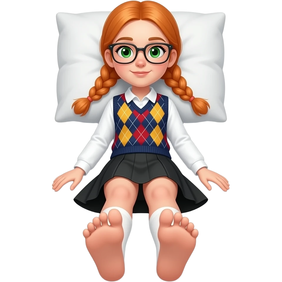 17 year old white woman green eyes orange braided pigtails rectangle glasses white long sleeved polo argyle dark blue red and yellow vest black skirt laying down on her pillow in bed showing her feet emoji