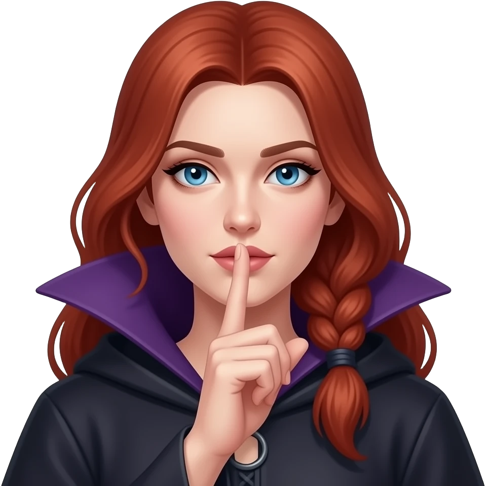 Female spellcaster portrait facing front, finger over lips in a silence gesture, piercing blue eyes, pale skin, red tied hair with loose front strand, dark purple robe with high collar, mysterious calm expression, dark fantasy card art style, centered composition emoji