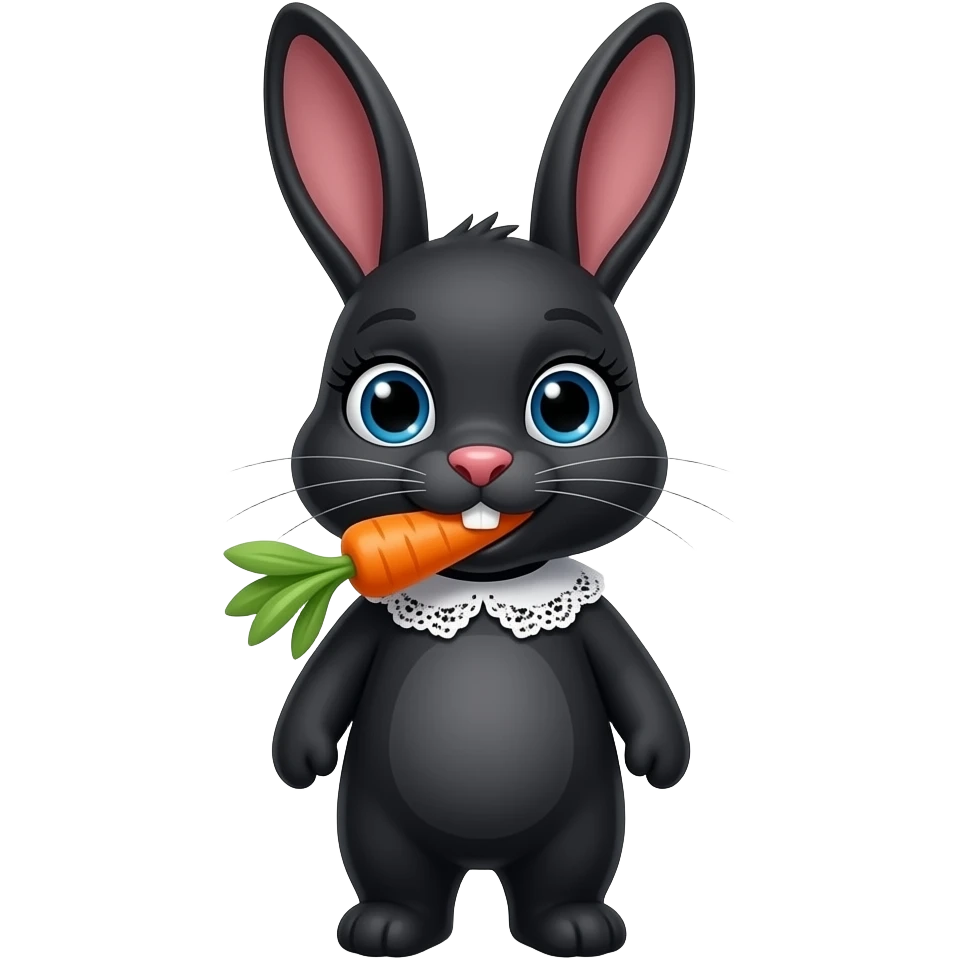 A black bunny with  lashes and a white lace and a carrot in her mouth emoji